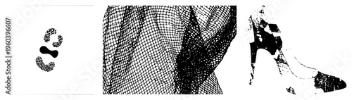 Black halftone fashion graphics including high heel shoe, draped veil texture, and abstract glyph symbol, vector art for or branding use.