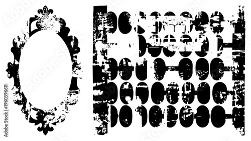 Decorative oval frame with fleur de lis motifs, distressed typographic letterforms, vintage design elements, graphic typography, black and white vector art.