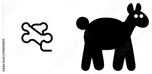 Stylized silhouette with round ears and eyes, paired with minimalist bone, vector animal symbols, pet or farm theme.