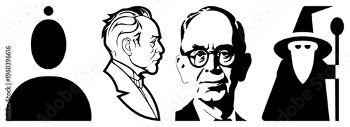 Abstract vector in black and white generic user, two male portraits, wizard. Flat design, minimalist, symbolic representation.