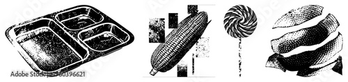 Vector illustration of food items compartmentalized tray, corn on cob, lollipop, citrus peel all rendered in halftone texture,, isolated foreground.