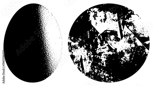 Two stylized oval shapes rendered in halftone, one smooth gradient, one textured fractured, vector art.