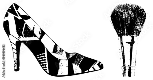 Fashion footwear with abstract, cosmetic brush, beauty tools, glamour accessory, illustration, elegant footwear, makeup applicator, artistic silhouette.