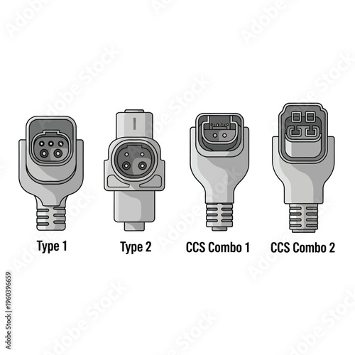 Vector illustration of electric vehicle charging connectors, demonstrating global EV plug standards and configurations for efficient power transfer to vehicles