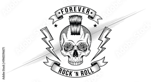 Vintage punk rock music emblem featuring a skull with a mohawk and roses in eyes surrounded by lightning bolts.
