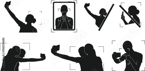 Photographer and Camera Shooting Silhouette Set with Framing Focus Gestures, Portrait Capture and Professional Photography Concept Illustration