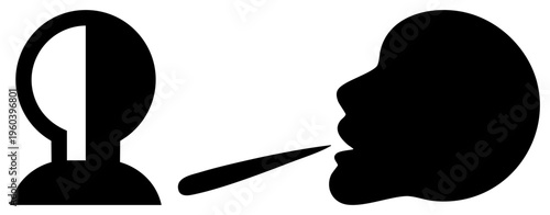 Minimalist black silhouette of person speaking to another, communication symbol, conversation, dialogue graphic, user interface element.