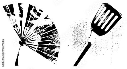 Black and white stylized fan with frayed edges and spatula with speckled texture, graphic design elements, kitchen utensil and decorative fan, halftone aesthetic, isolated vector art.