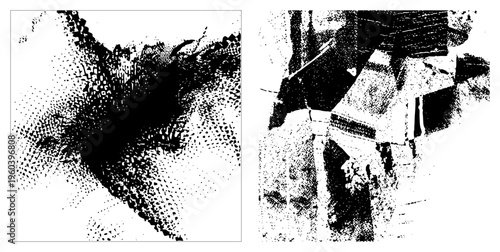 Black and white halftone forming abstract shapes, dot based gradient, graphic texture, vector art, stippled design, digital illustration, artistic composition.