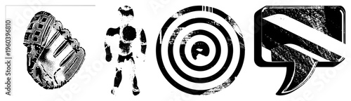 Stylized baseball glove, athletic human figure, concentric target design, modern logo emblem all in halftone vector art. Sports, graphic elements, illustrations.