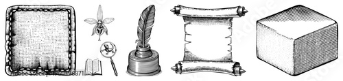 Hand drawn ink illustrations of decorative items cushion, orchid, quill pen, scroll, open book, magnifying glass, cube all in halftone style.