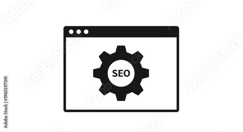 SEO optimization, search engine, gear icon, web browser, vector graphic