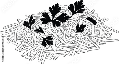 Pile of French Fries with Herbs and Garnish Hand Drawn Style, Fast Food Snack Illustration with Detailed Line Art TexturePile of French Fries with Herbs and Garnish Hand Drawn Style, Fast Food Snack I