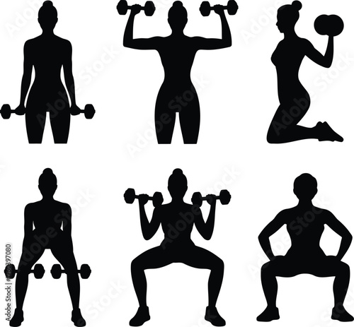 Fitness silhouettes: women exercising with dumbbells, strength training poses