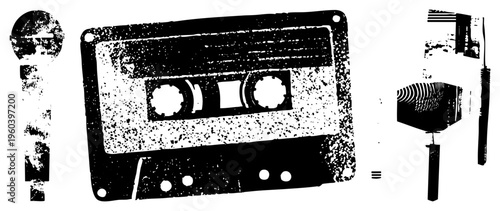 Retro cassette tape graphic, analog music, scratched vinyl aesthetic, nostalgic sound equipment, vector design.