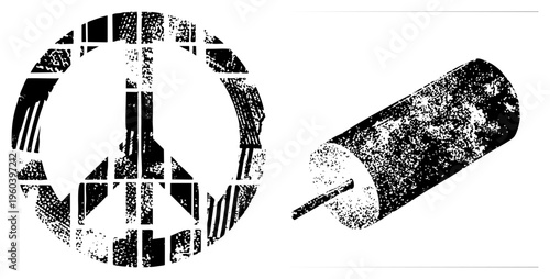 Distressed peace sign with fragmented texture, alongside speckled cylindrical form, vector illustration, design, stencil art style.