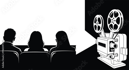 Vintage film projector, movie screening, classic cinema, reel-to-reel technology, nostalgic illustration, audience watching, old film equipment, retro movie night, silhouette art