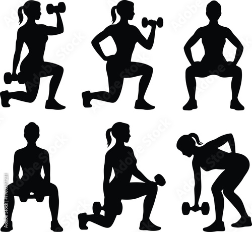 Woman workout silhouettes: lunge and squat exercises with dumbbells