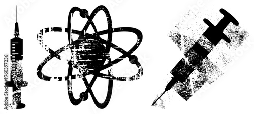 Black and white vector illustration of syringe, atom symbol, and medical injection with distressed texture, scientific and medical themes.