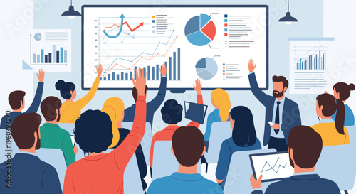 Group of diverse professionals participating in a business seminar by raising their hands toward a screen with data charts.