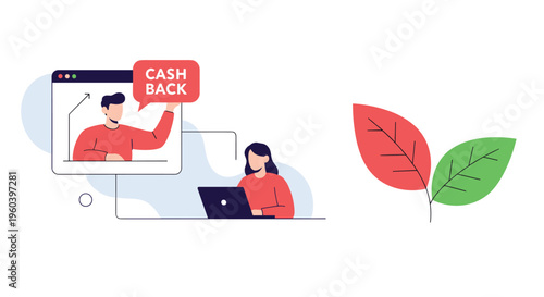Young woman working remotely on her laptop while interacting with a digital cashback promotion and referral program online.