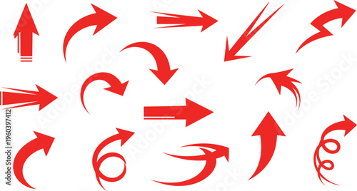 Red arrow collection set with curved, straight, swirl, and dynamic direction indicators for infographic, navigation, and design elements