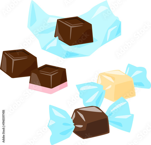 プラスチックフィルムで包んだキューブチョコレート