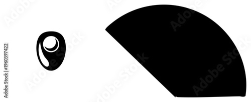 Minimalist vector art featuring two black forms one teardrop like with white inner swirl, another large curved arc both isolated on transparent background, clean style.