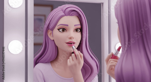 Animated girl with purple hair applying lipstick in front of a mirror with lights