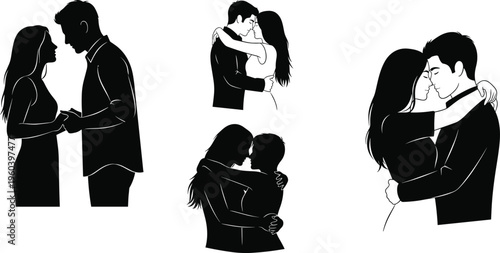 Romantic couple silhouettes set with hugging, kissing, and loving poses expressing relationship, affection, and intimacy isolated on white background