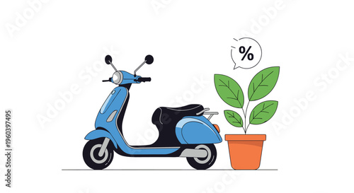 Modern blue electric scooter parked next to a healthy green potted plant with a percentage discount offer symbol.