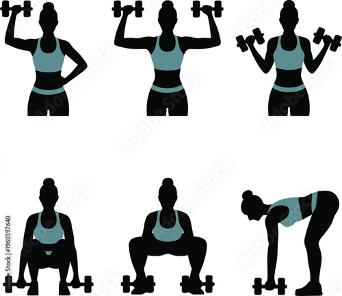 Female fitness silhouettes: exercising with dumbbells in sportswear