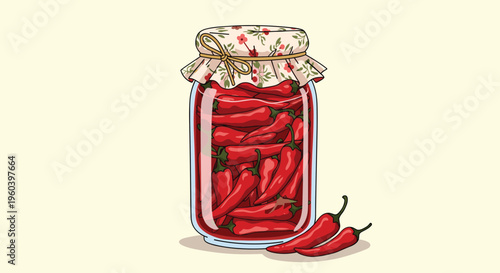 Large glass jar filled with spicy red chili peppers preserved in brine and sealed with a decorative floral cloth cover in a rustic kitchen.