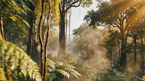 Lush tropical jungle scene with sunbeams piercing dense foliage