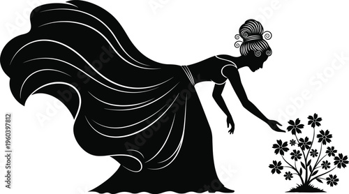 Woman silhouette with flower plant, nurturing nature, feminine elegance, graceful design, botanical art, ecology symbol, vector illustration, lifestyle culture, growth concept