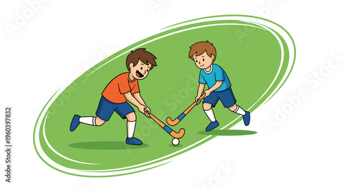 Two young boys actively playing field hockey on a vibrant green field during an intense sports competition or morning training session.