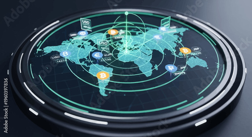 Global cryptocurrency network map with bitcoin symbols and digital connections
