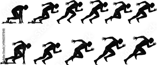 Running Athlete Sequence Silhouette Set Showing Sprint Start to Full Speed Motion, Track and Field Training Action Illustration