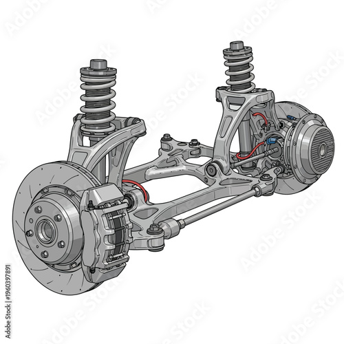 Advanced independent vehicle suspension and disc brake assembly illustration, highlighting precision engineering of automotive chassis components for optimal performance