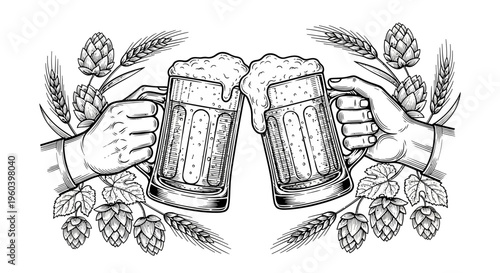 Cheers! Two hands clinking frothy beer mugs with hops and barley illustration