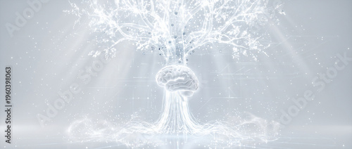 Ethereal visualization of cognitive growth and digital intelligence, depicting a luminous brain as the foundation of an interconnected tree, symbolizing knowledge, data, and evolved thought
