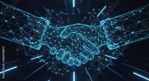 Digital handshake: Futuristic connection, technology, and business partnership abstract.