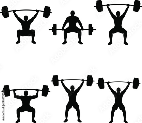 Weightlifting silhouettes: men lifting barbells, strength training poses