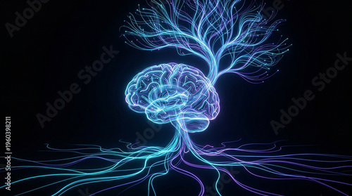 Futuristic Digital Brain Evolving into a Radiant Neural Tree, Symbolizing Intellectual Growth, Artificial Intelligence, and the Intricate Interconnectedness of Modern Thought