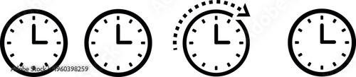 Black silhouette vector illustration of analog clock icons showing time progression, rotation artwork, chronological design element, time symbol