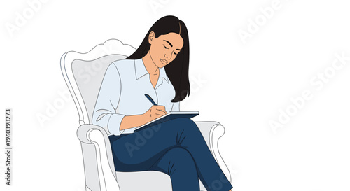 Young professional woman sitting in a comfortable armchair and taking important notes on a modern digital tablet or electronic notebook.
