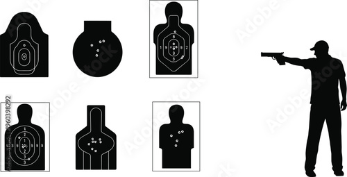 Shooting target silhouettes set with human torso shapes and armed shooter figure for training, practice, and security concept illustration