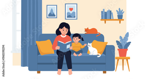 Loving mother reading a storybook to her young daughter while sitting on a cozy sofa at home with their pet cats.