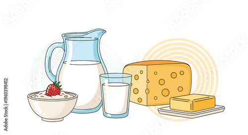 Fresh dairy products collection featuring a pitcher of milk, a wedge of cheese, a bowl of yogurt with strawberry, and butter.