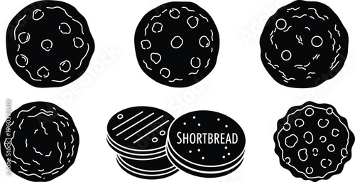 Shortbread cookies set with round biscuit variations textured baked dessert snack sweet pastry black silhouette vector illustration